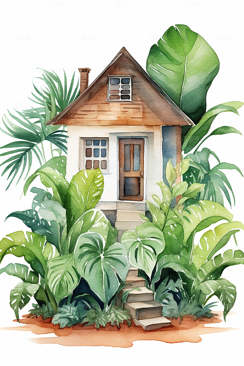 自然小屋手绘别墅水彩插画