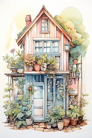 自然小屋唯美绿色水彩插画