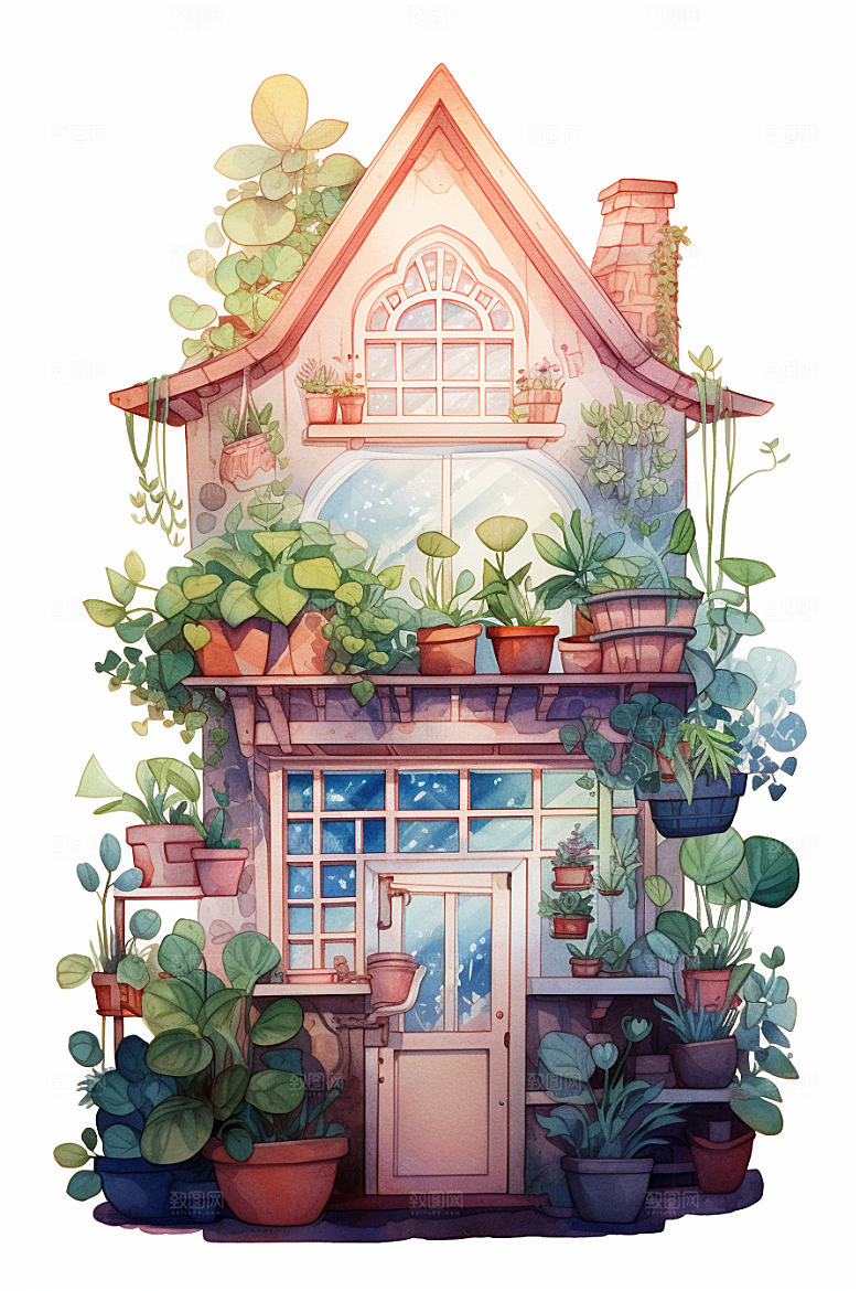 自然小屋唯美植物水彩插画