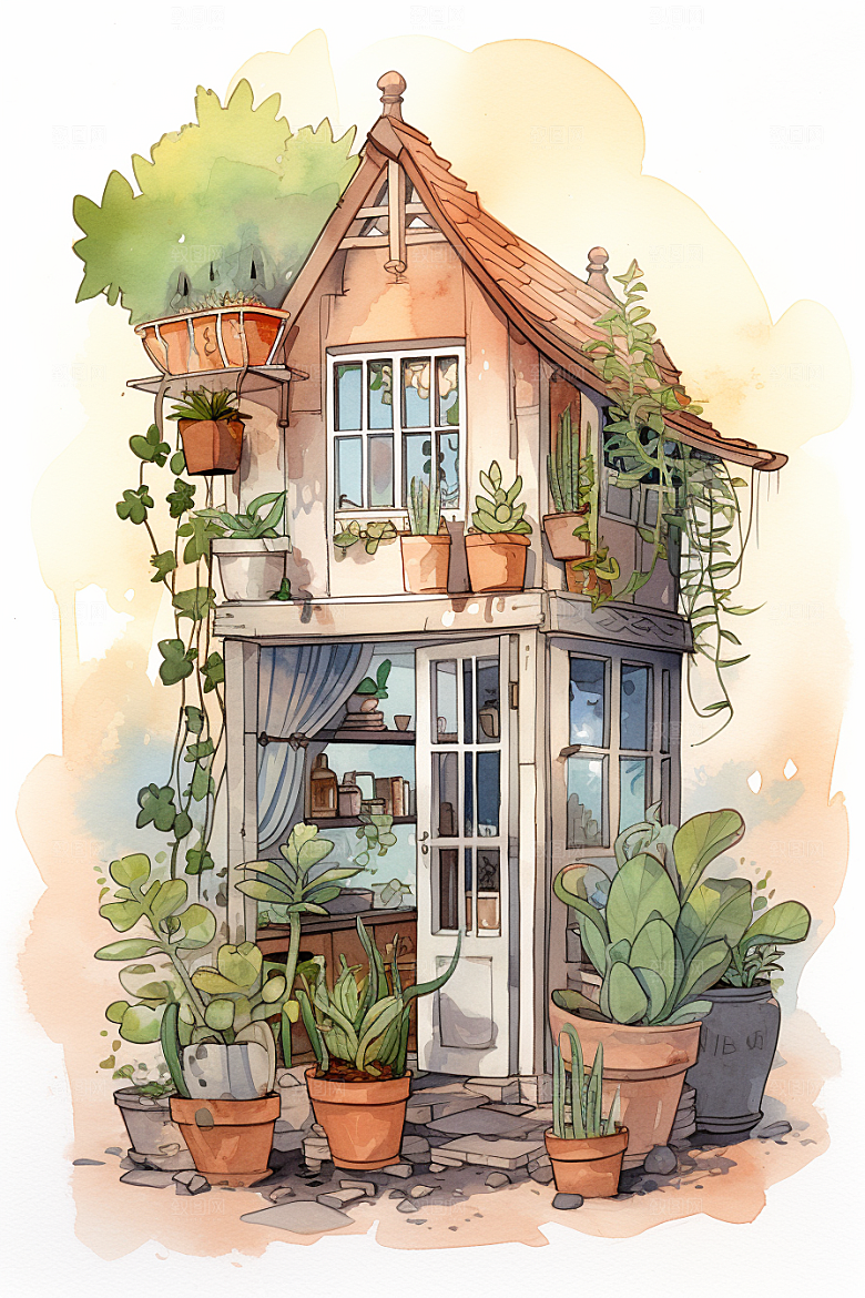 自然小屋唯美清新水彩插画