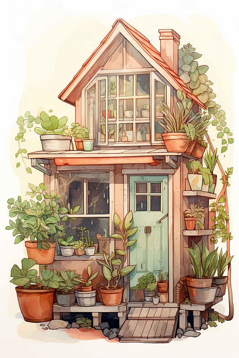 自然小屋别墅小院水彩插画