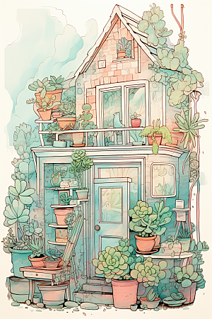 自然小屋别墅植物水彩插画