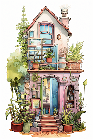 自然小屋植物绿色水彩插画