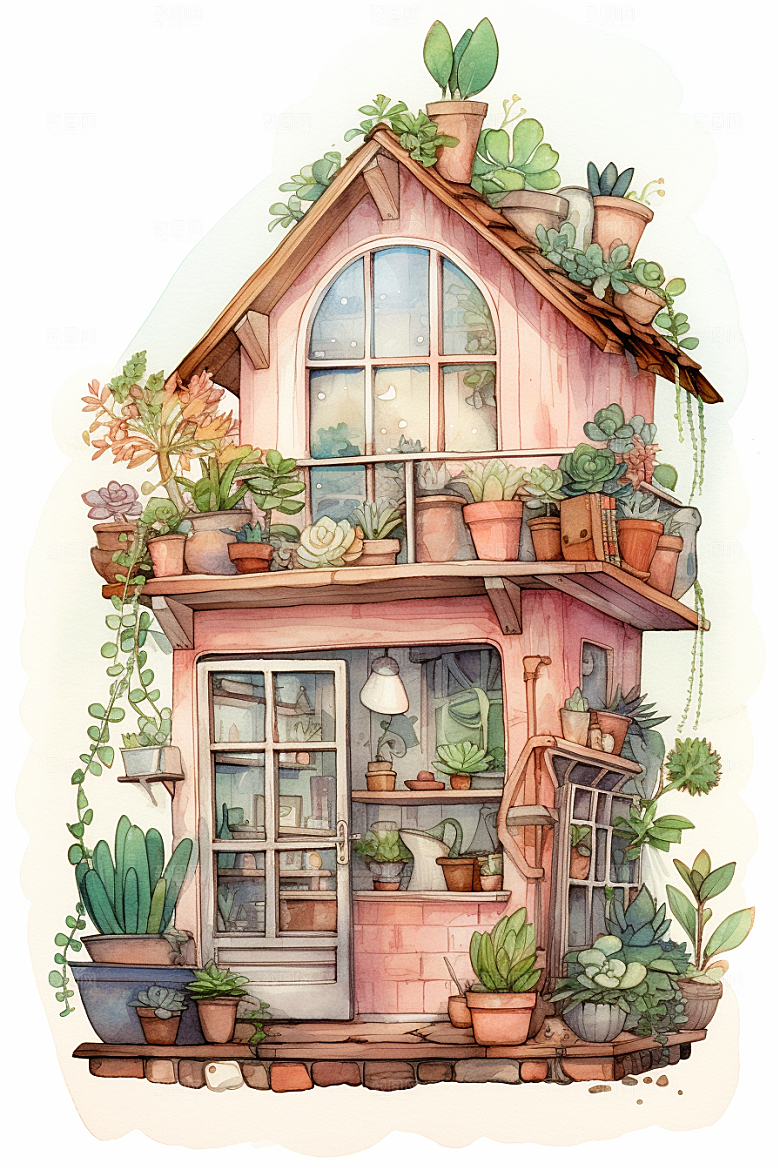 自然小屋绿色手绘水彩插画