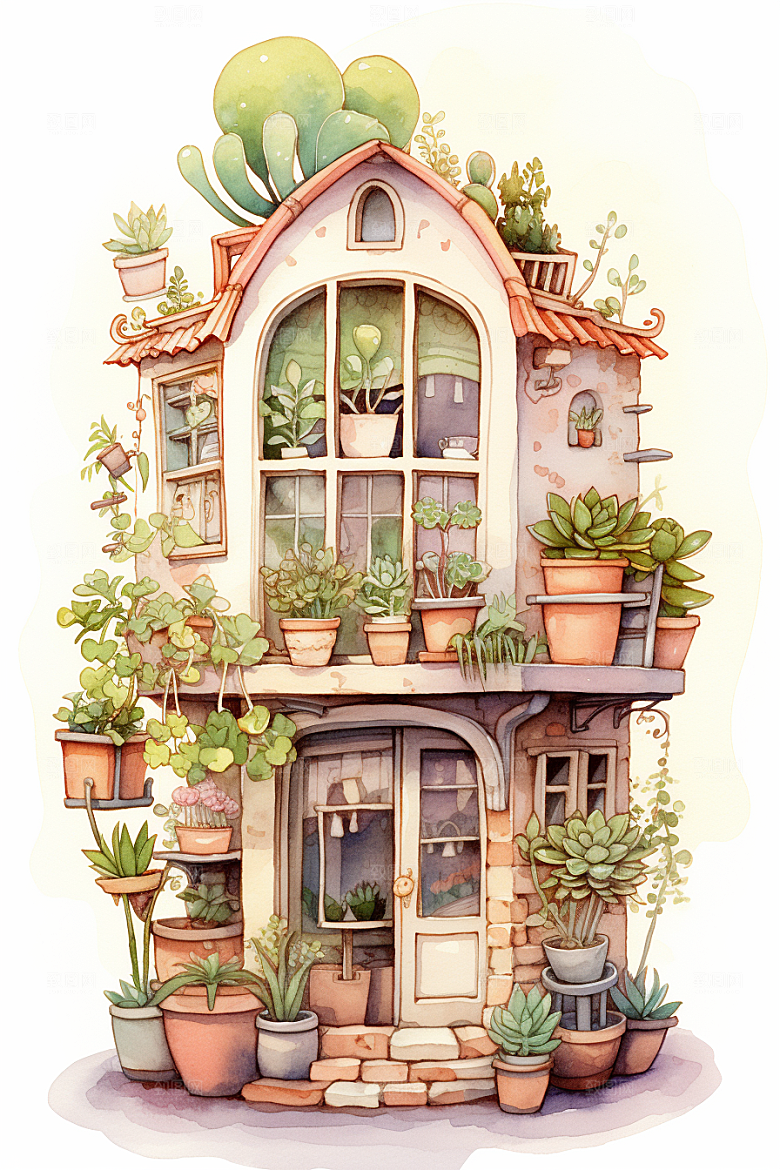 自然小屋绿植清新水彩插画