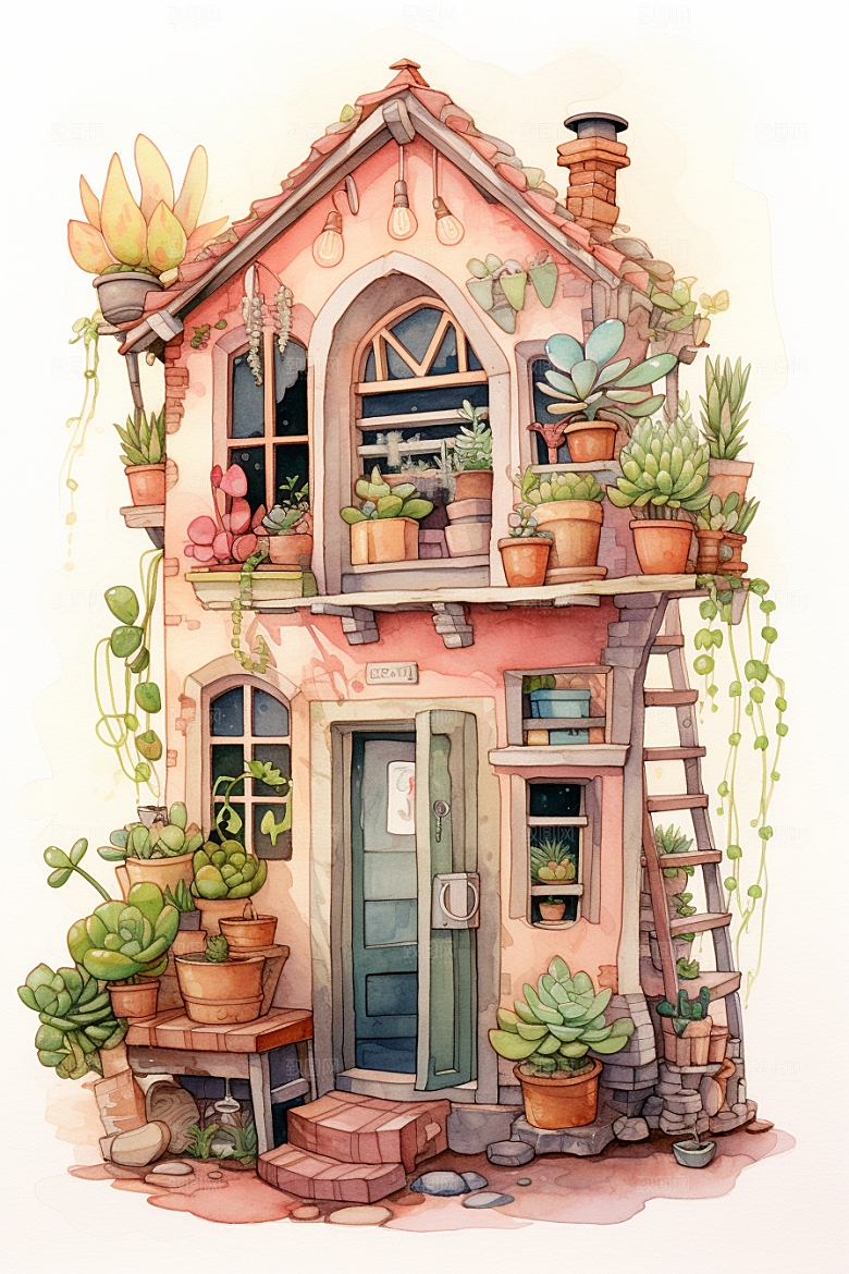自然小屋绿植绿色水彩插画