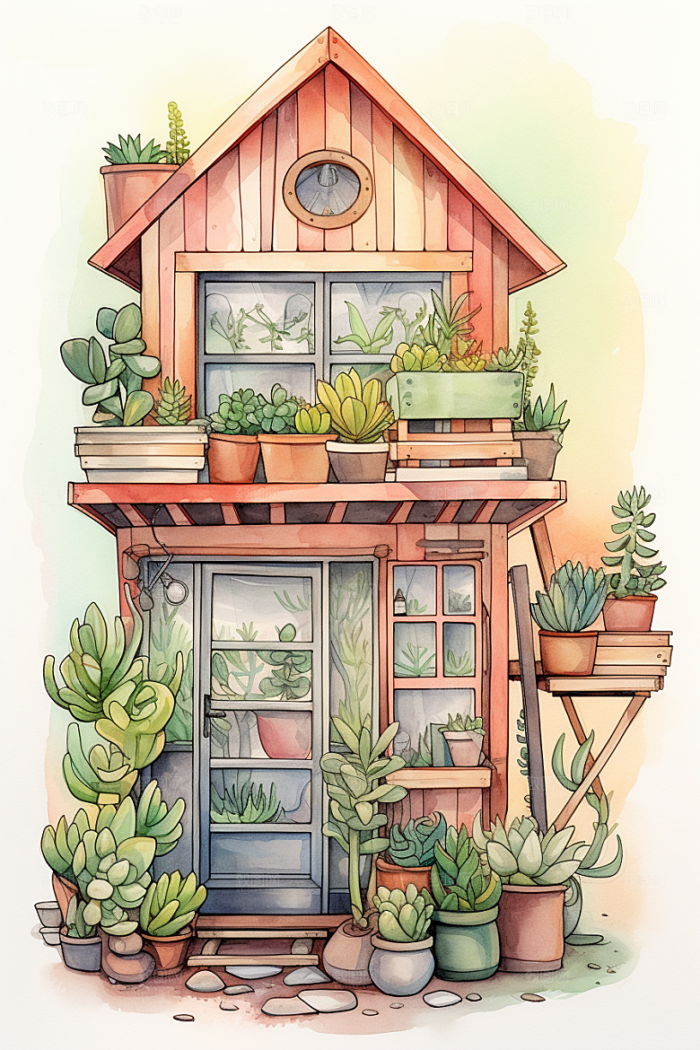 自然小屋别墅唯美水彩插画