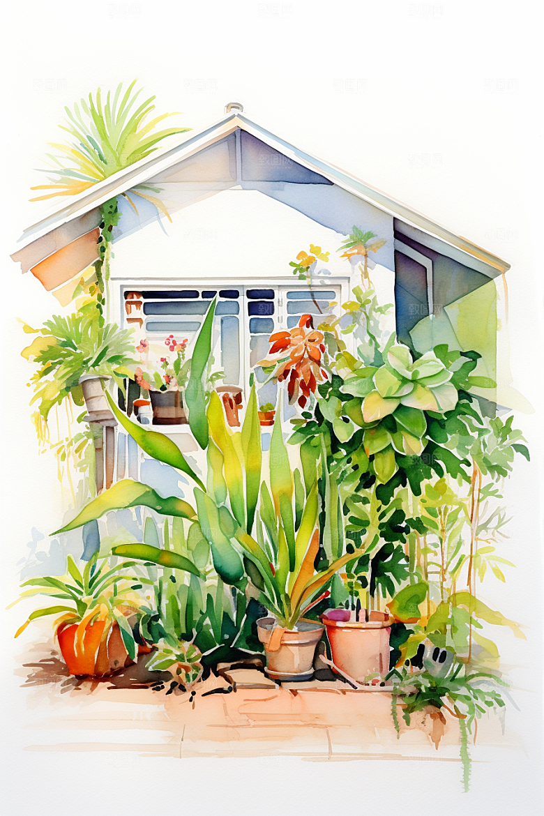 自然小屋庭院植物水彩插画
