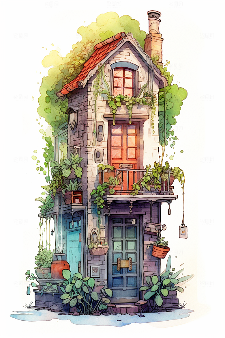 自然小屋清新高清水彩插画