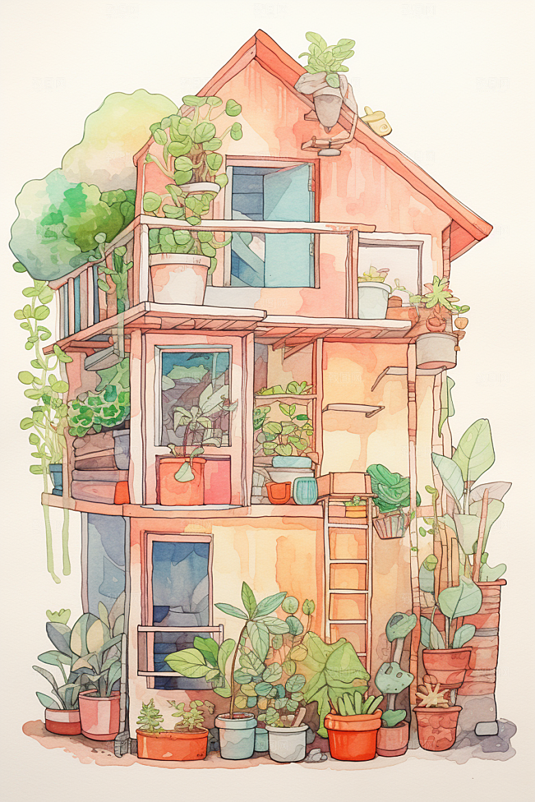 自然小屋绿植清新水彩插画
