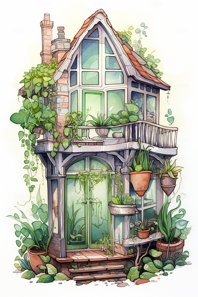 自然小屋花草植物水彩插画