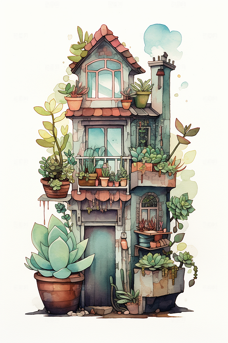 自然小屋高清别墅水彩插画