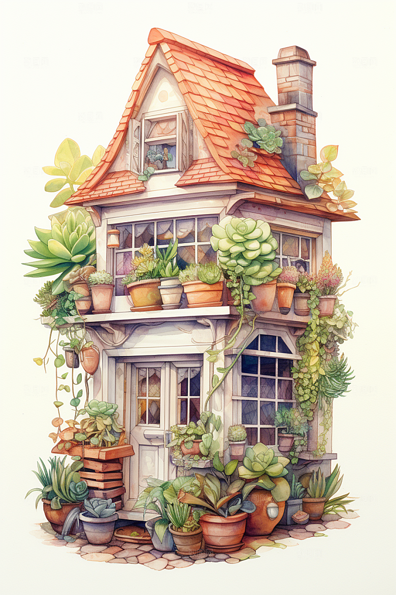 自然小屋别墅手绘水彩插画