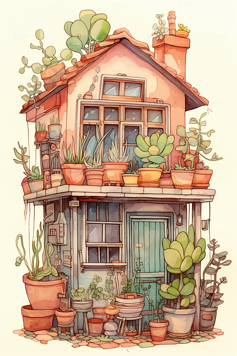 自然小屋绿色清新水彩插画