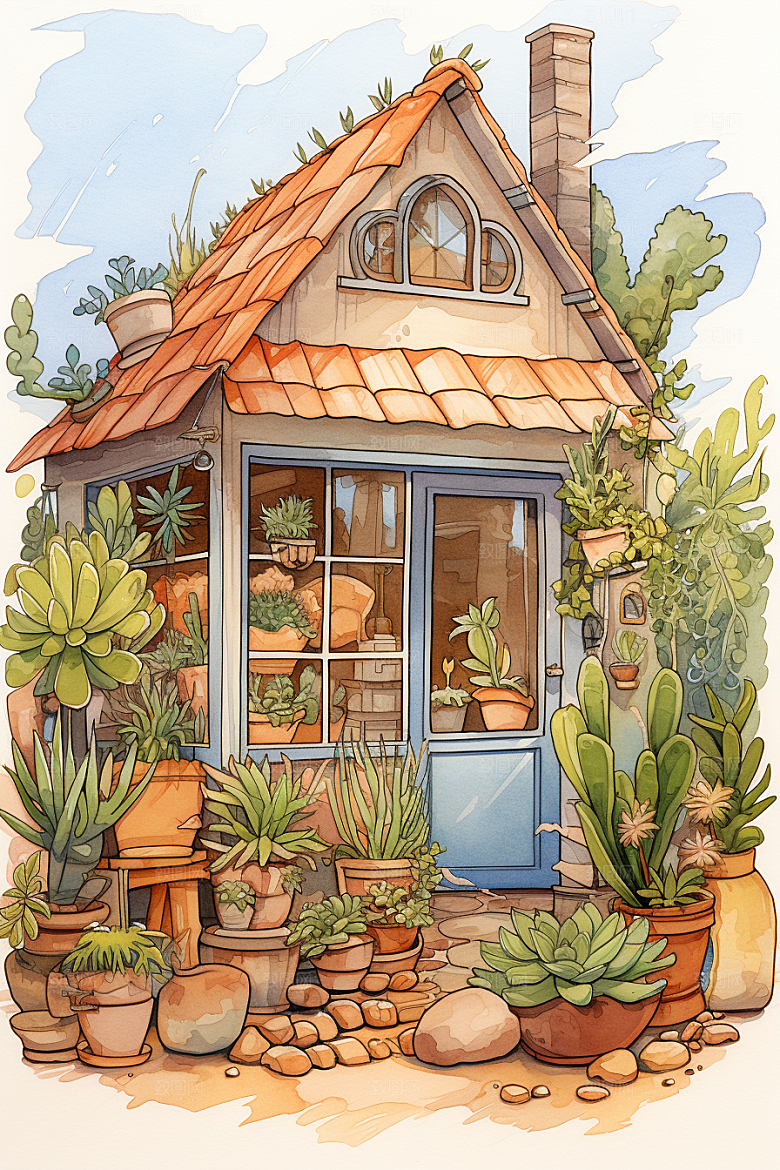 自然小屋清新花草水彩插画