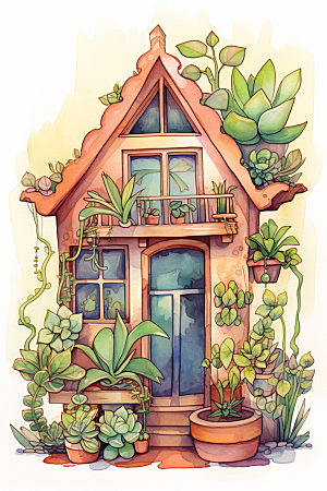 自然小屋绿植植物水彩插画