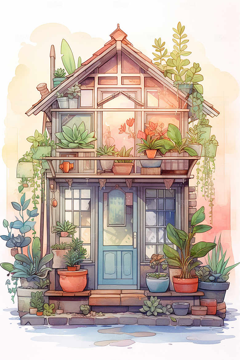 自然小屋绿色庭院水彩插画