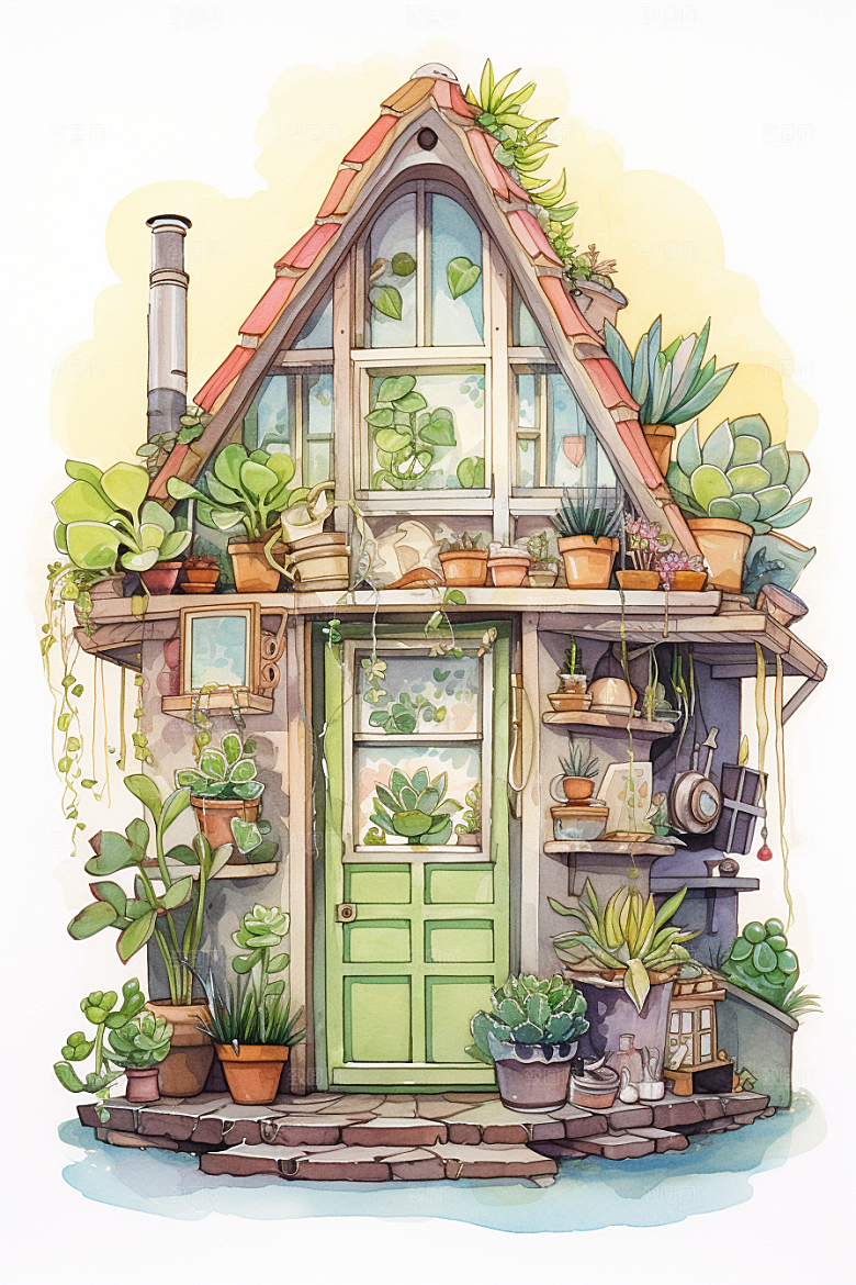 自然小屋植物唯美水彩插画