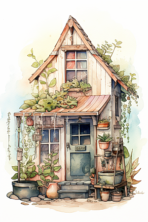 自然小屋绿色庭院水彩插画