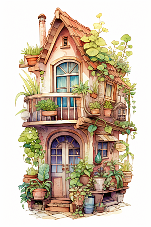 自然小屋手绘庭院水彩插画