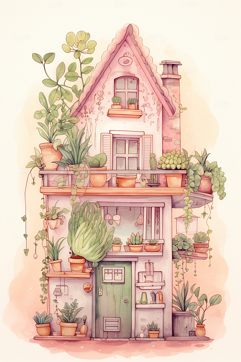 自然小屋小院植物水彩插画