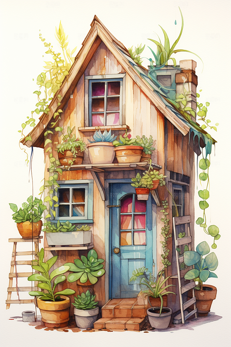 自然小屋小院植物水彩插画