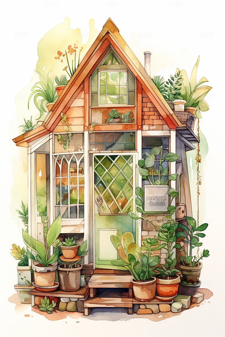 自然小屋别墅手绘水彩插画