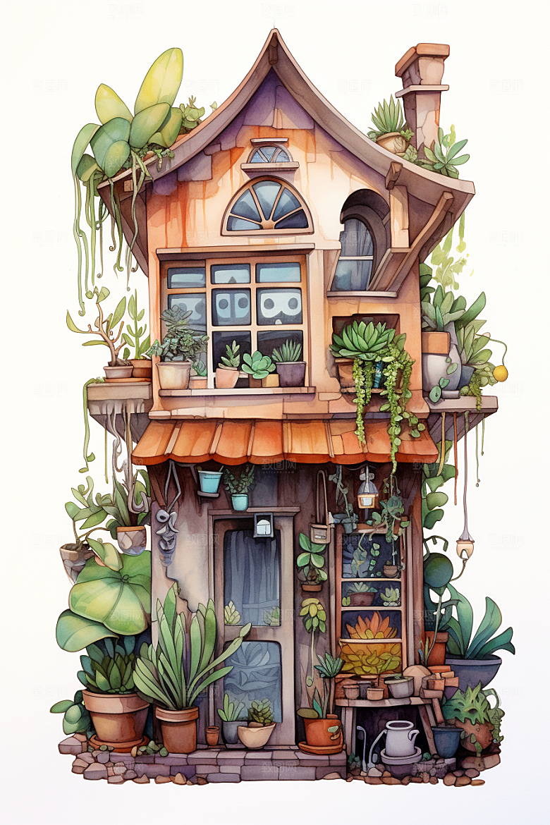 自然小屋绿植庭院水彩插画