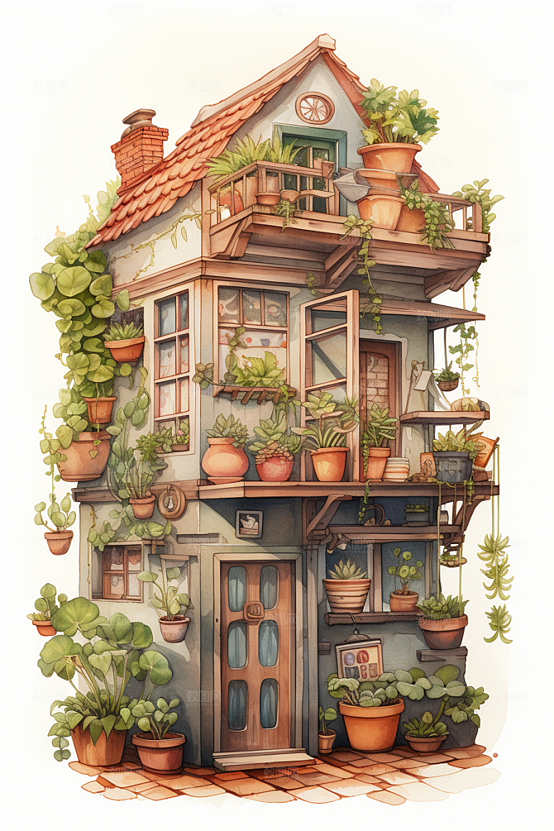 自然小屋小院唯美水彩插画