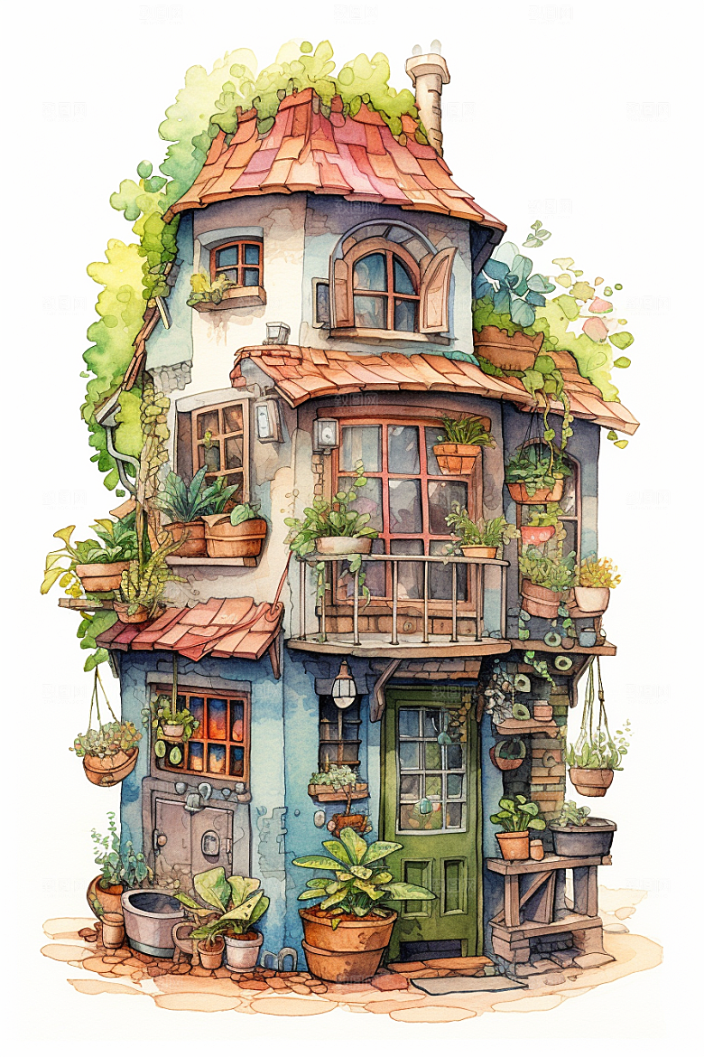 自然小屋高清植物水彩插画
