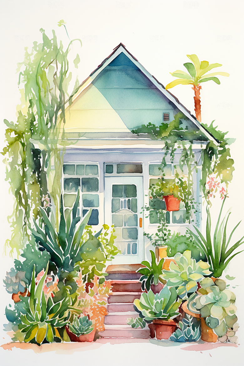 自然小屋清新唯美水彩插画