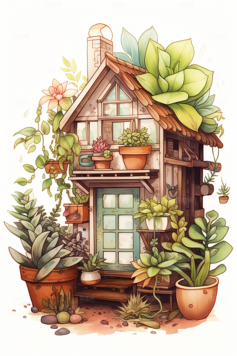 自然小屋花草高清水彩插画