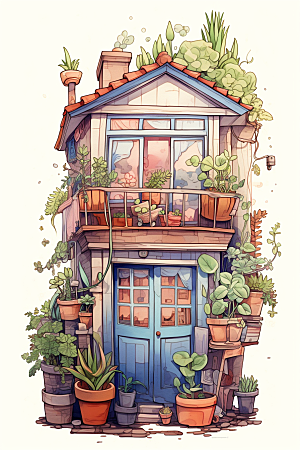 自然小屋庭院植物水彩插画