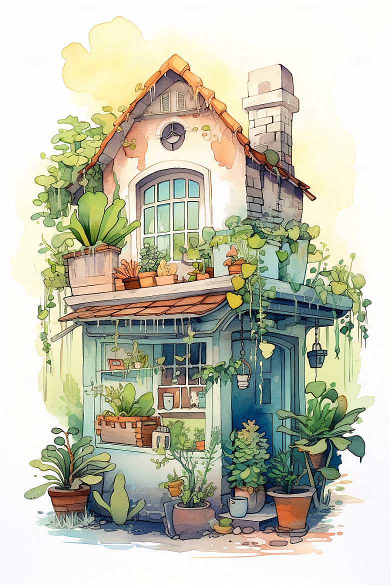 自然小屋别墅唯美水彩插画