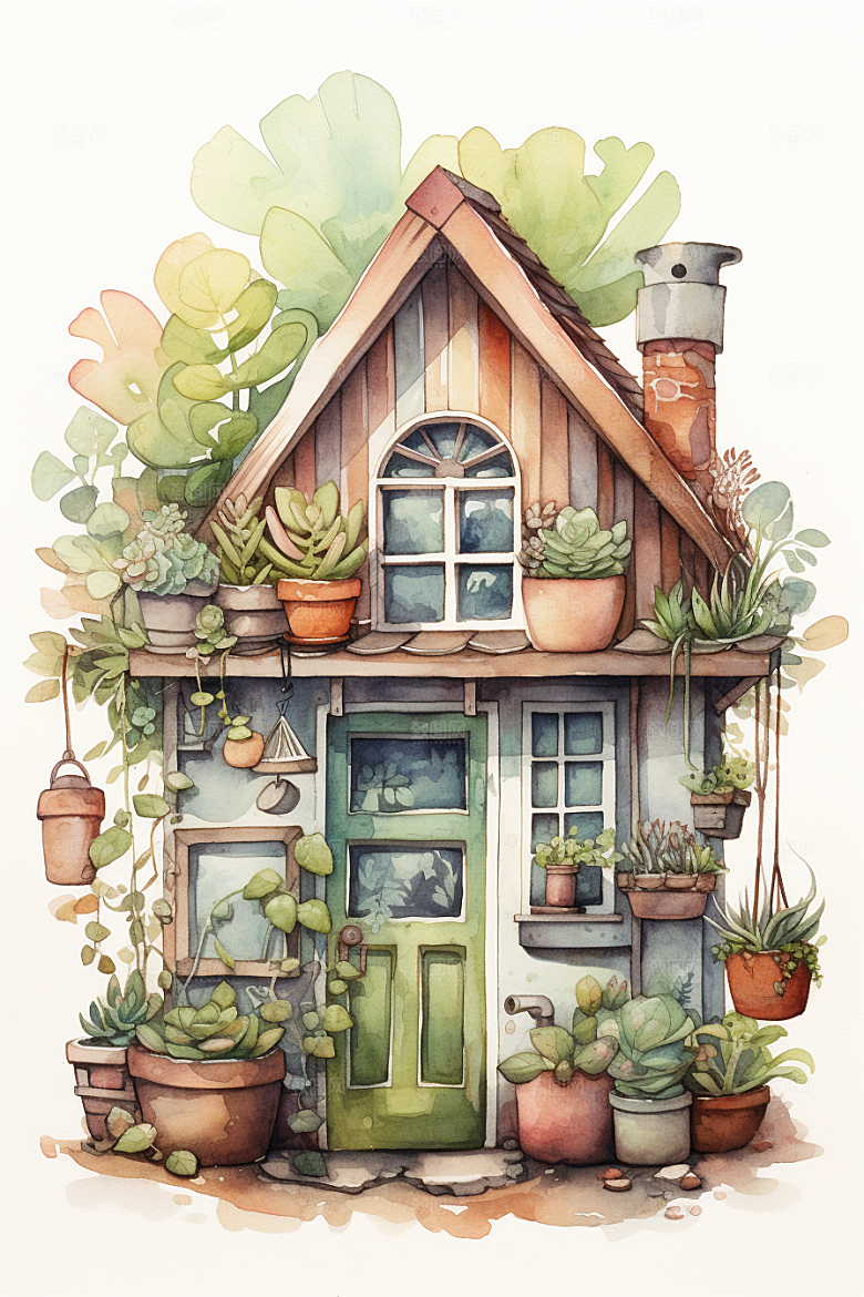 自然小屋绿植唯美水彩插画