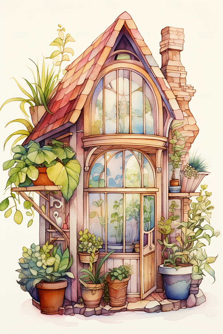 自然小屋小院绿色水彩插画