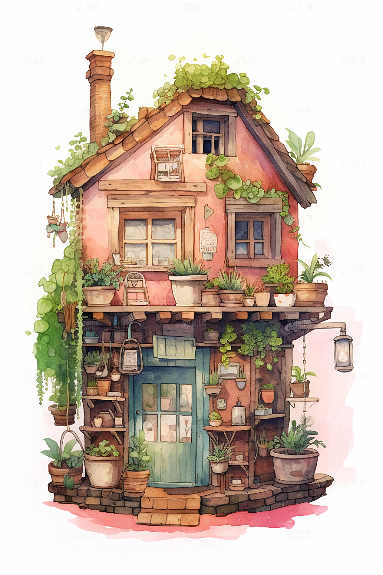 自然小屋高清唯美水彩插画