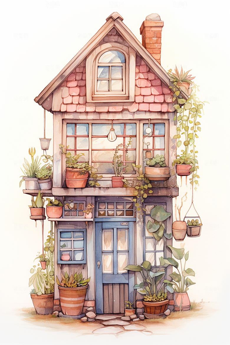 自然小屋高清庭院水彩插画