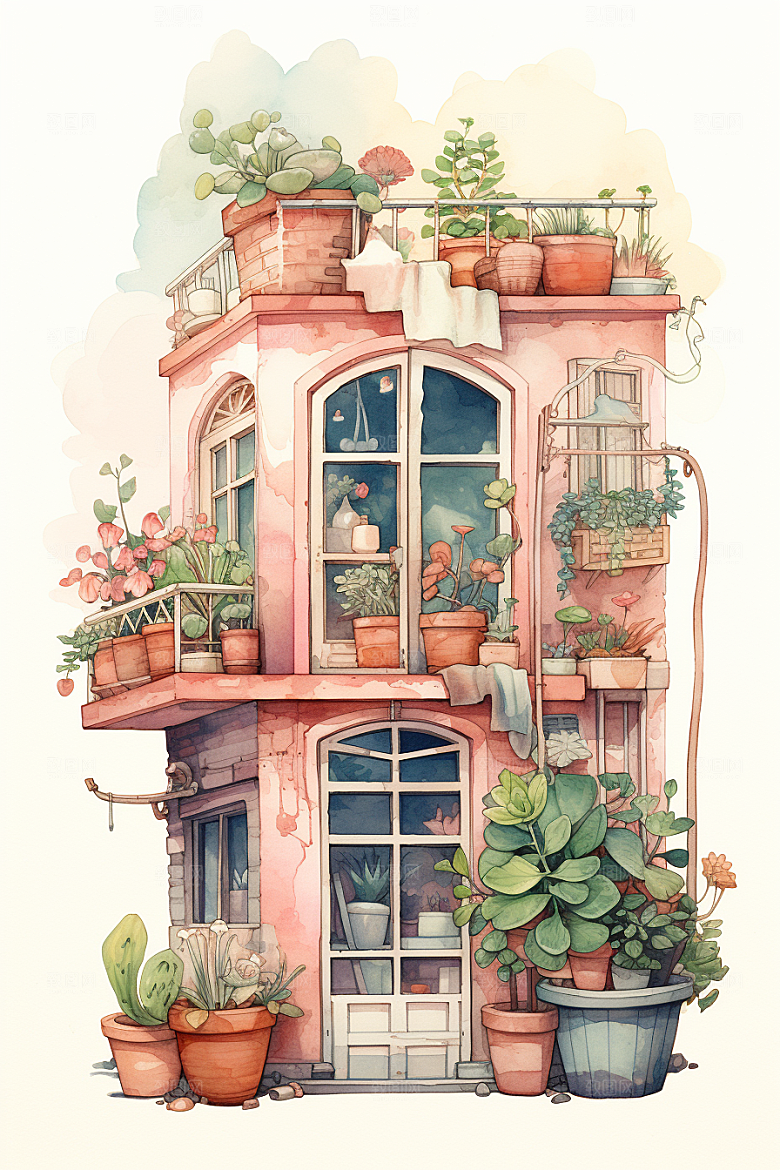 自然小屋唯美花草水彩插画