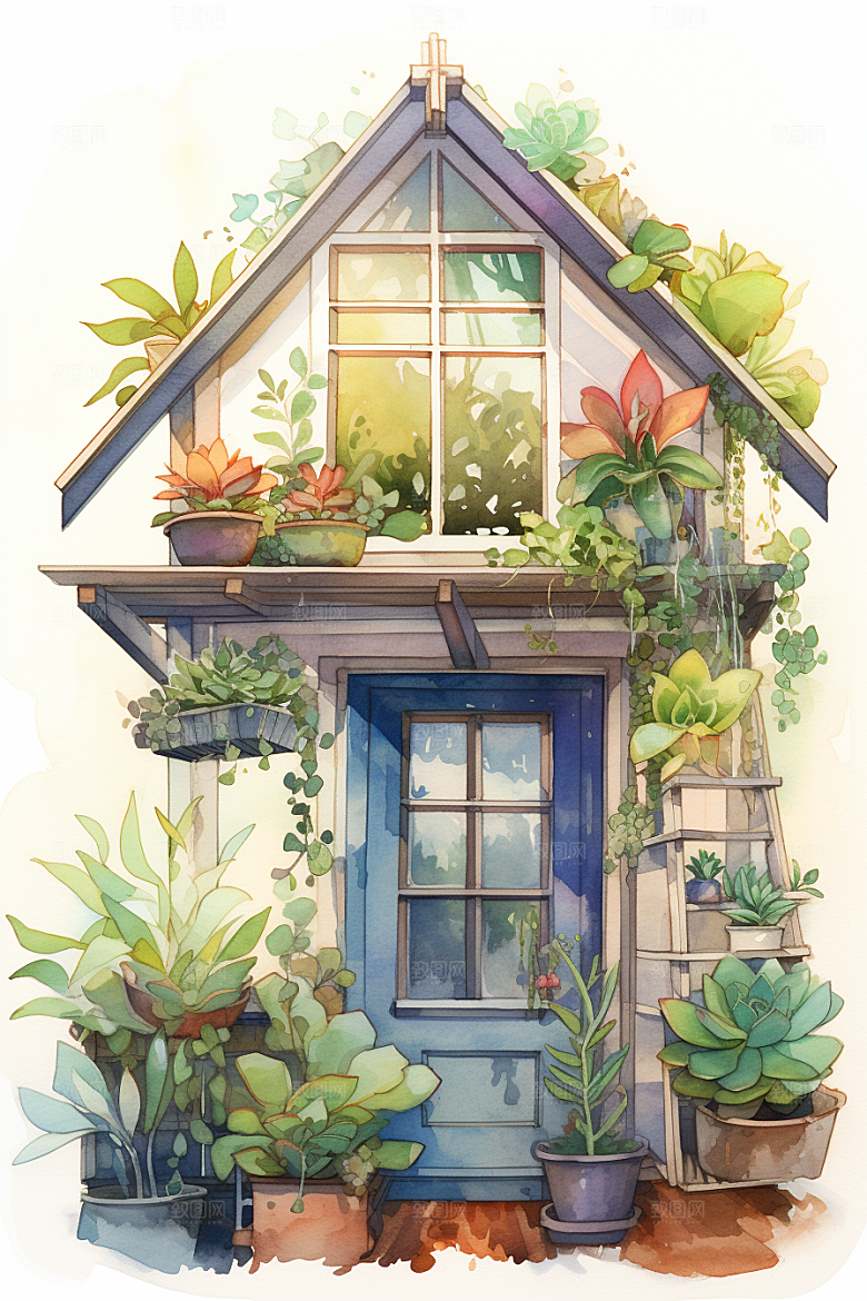 自然小屋别墅唯美水彩插画