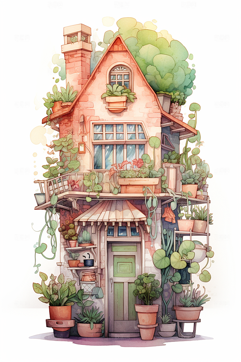 自然小屋庭院植物水彩插画