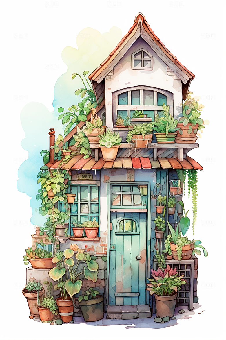 自然小屋唯美别墅水彩插画