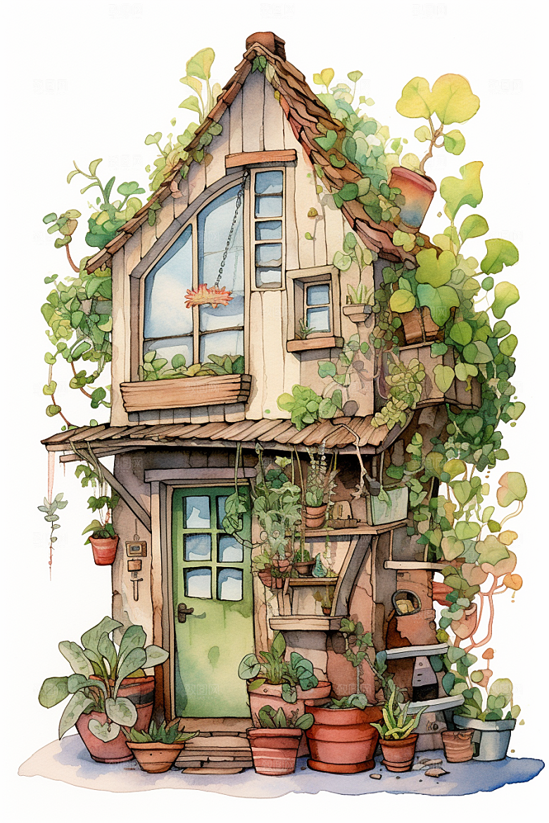 自然小屋清新别墅水彩插画