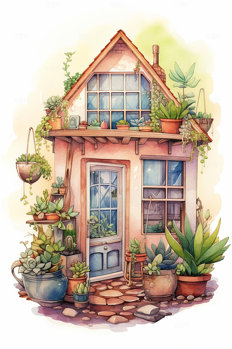 自然小屋花草绿色水彩插画