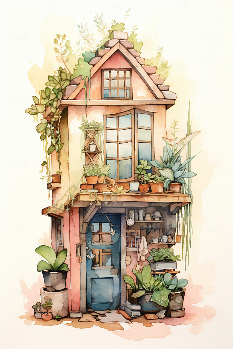 自然小屋庭院清新水彩插画