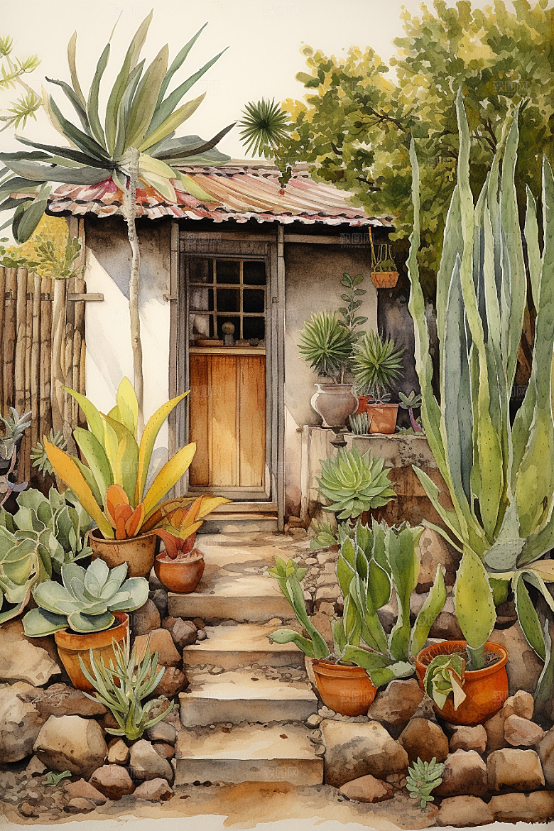 自然小屋庭院高清水彩插画