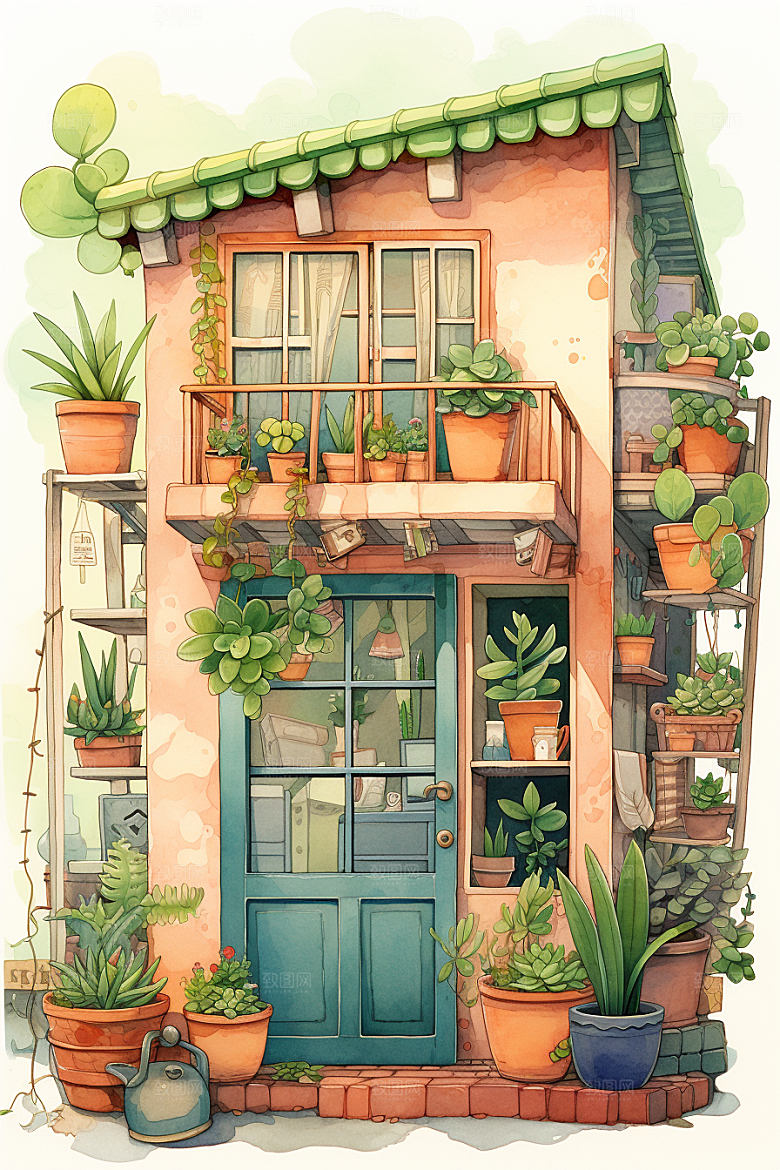 自然小屋手绘植物水彩插画