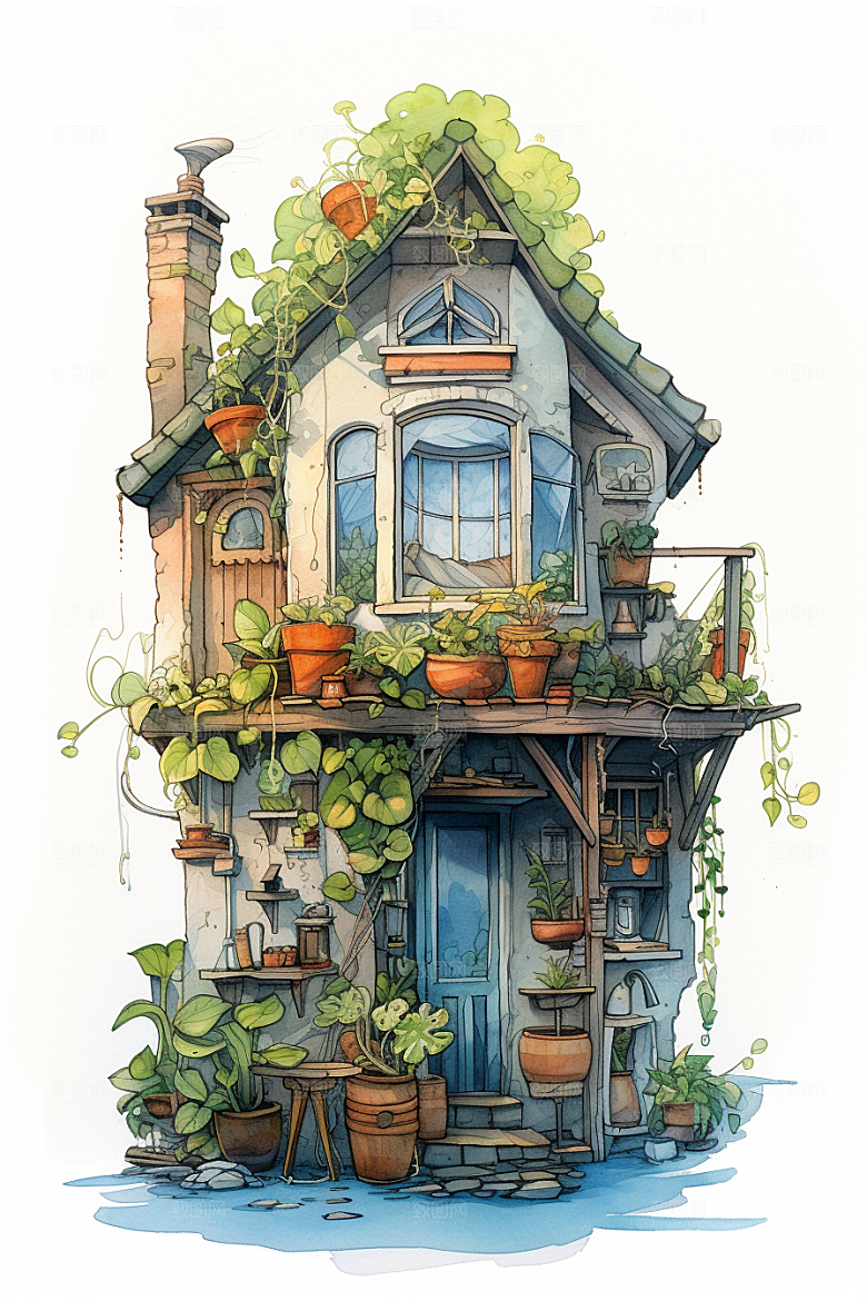 自然小屋清新绿色水彩插画