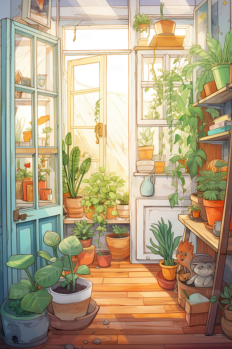 自然小屋绿色花草水彩插画