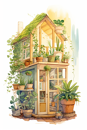 自然小屋高清唯美水彩插画